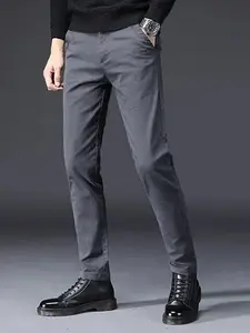 Men's Classic Solid Color Dress Pants, Elastic Waist Design, Fitted, Suitable for Spring Summer Office Wear, Parties, Casual Business Long Trousers