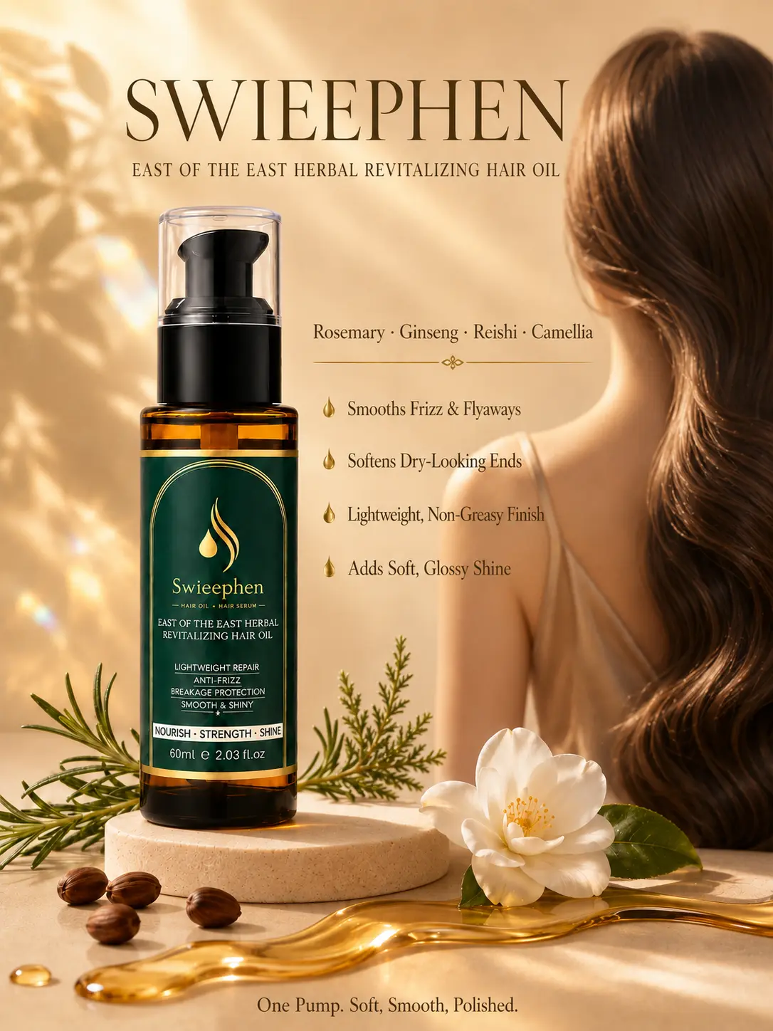 Swieephen Anti-Frizz Hair Oil for Frizzy Hair, Lightweight Non-Greasy Leave-In Hair Oil Serum, Tames Flyaways, Softens Dry Hair & Dry Ends, Adds Shine & Smoothness, for Damp or Dry Hair, Daily Finishing Oil, 60 mL / 2.03 fl oz