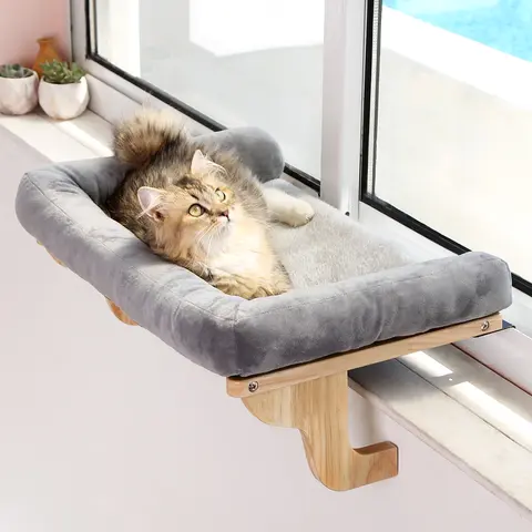 Zakkart Cat Perch for Window Sill with Bolster - Orthopedic Hammock Design with Premium Hardwood & Robust Metal Frame - Cat Window Seat for Large Cats and Kittens