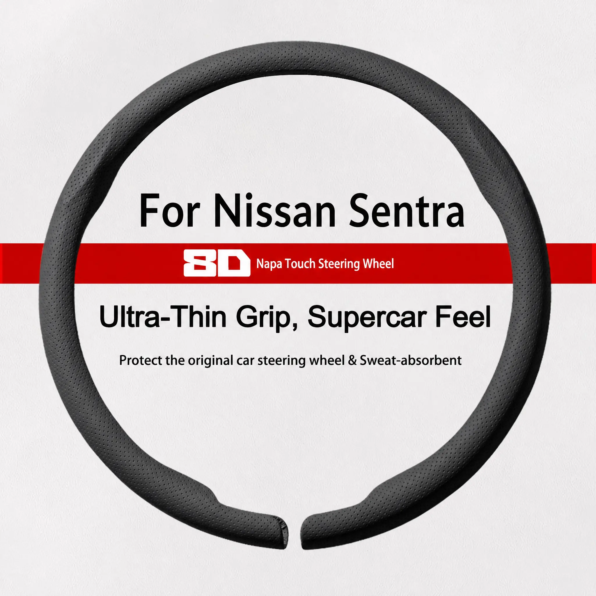 8D NAPPA Leather Steering Cover for Nissan Sentra, Breathable All-Season, Snap-On Full Wrap Protector