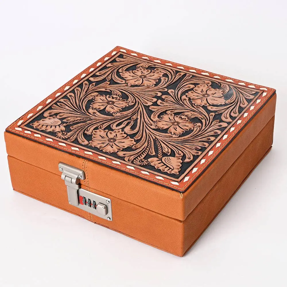 Women's American Darling Genuine Western Leather Vanity Organizer - Eco-Friendly Vegetable Tan, Full Grain, Hand-Tooled Top, Floral Accent Metal Jewelry Case, Durable Western Heritage Home Supply