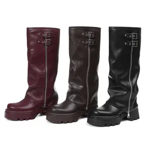 Women's Knee High Buckle Moto Biker Boots Platform Fold Over Tall Chunky Low Heel Wide Calf Fashionable Comfortable Stylish Design