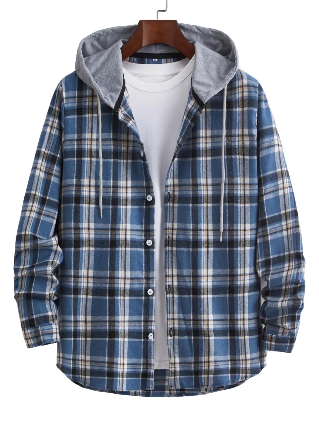 Men's Plaid Print Button Front Hooded Shirt, Regular Fit Casual Long Sleeve Drawstring Top, Shirts for Men, 2000s Shirts, Men's Streetwear Clothing,