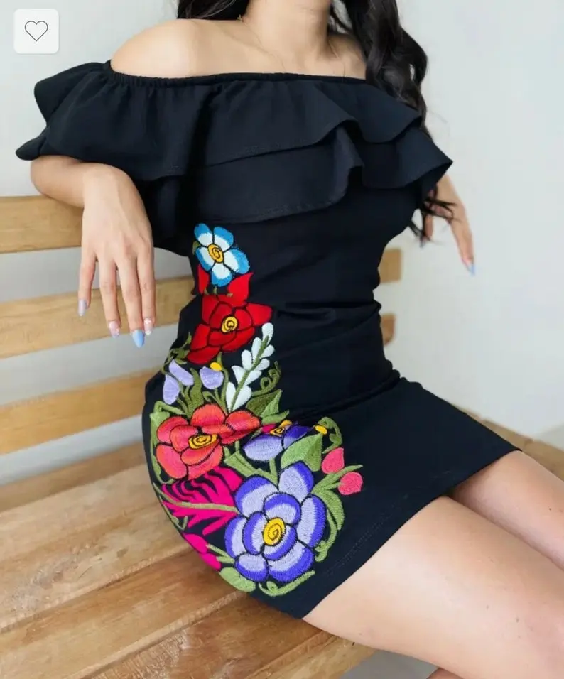 green emerald velvet dress Mexican Floral Embroidered Dress- S-2x - Fiesta Floral Dress- Boho Frida  style - Includes Floral Belt