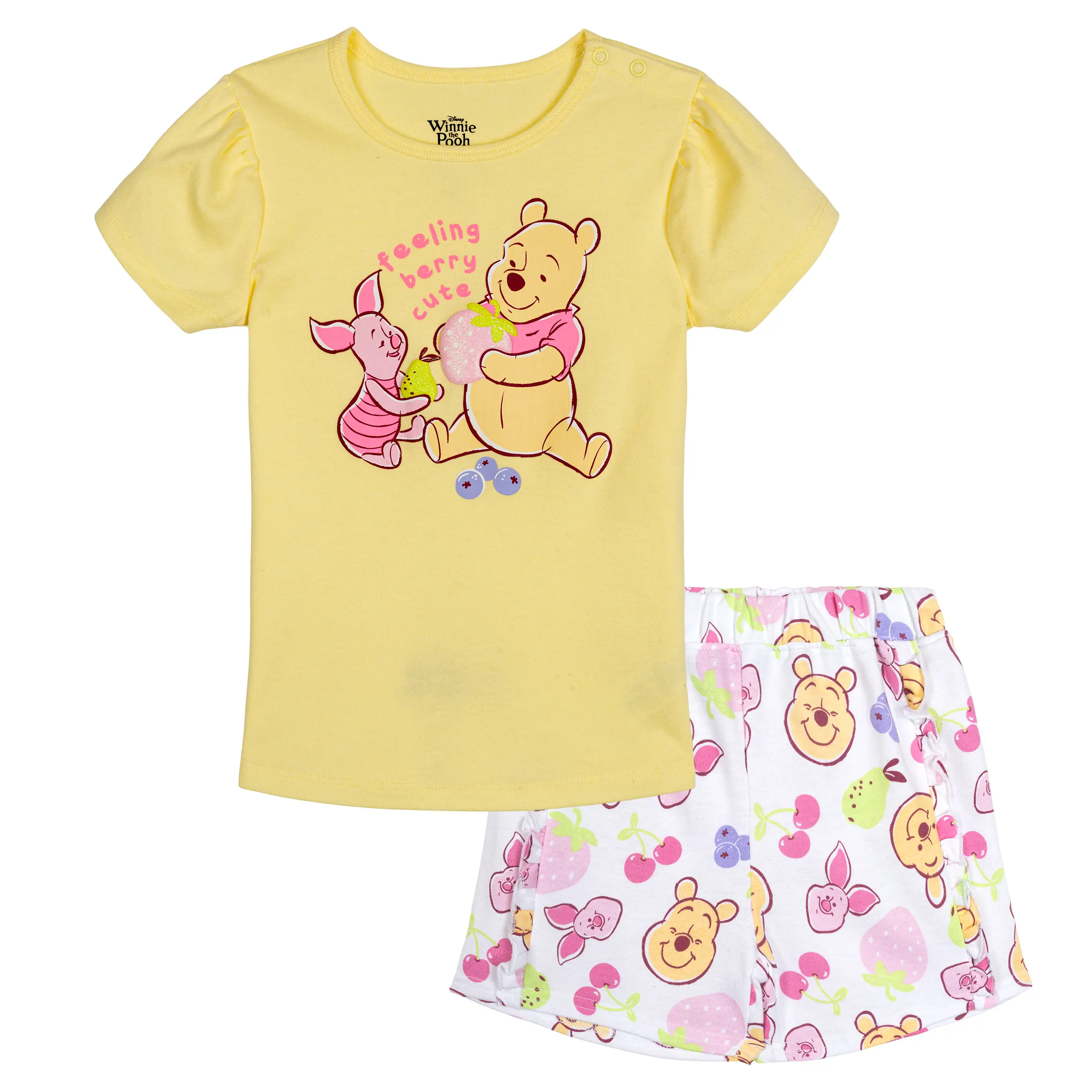 Disney Winnie the Pooh Girls' 2-Piece Outfit - Graphic Tee, Soft Fabric Elastic Waist Ruffle Shorts with Snap Closure, Piglet Yellow, Toddler (2T) to Little Kid, French Terry, Shirred Shoulders, Round Neck, 3 - 4 Years, 3T, Playful Look, 4T