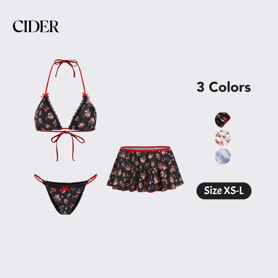 Cider V-neck Floral Bowknot Halter Bikini Set & Cover Up Skirt Summer Vaction Swimwear Swimsuit