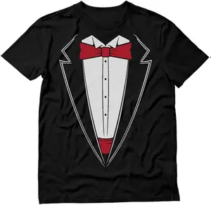 Tstars - Printed Suit & Tie Tuxedo T-Shirt - Red Bow Tie Bachelor Party Tee - 100% Combed Cotton - Machine Washable - USA Printed
