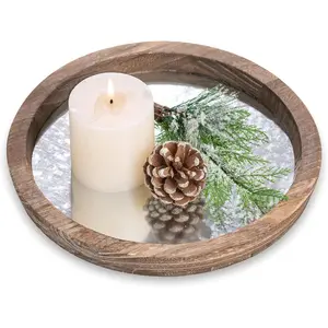 Round  Decorative Tray: Rustic Wooden Trays for Coffee Table Farmhouse Centerpiece -  Mirror Candle Tray for  Decor Ottoman Bathroom Kitchen Organizer