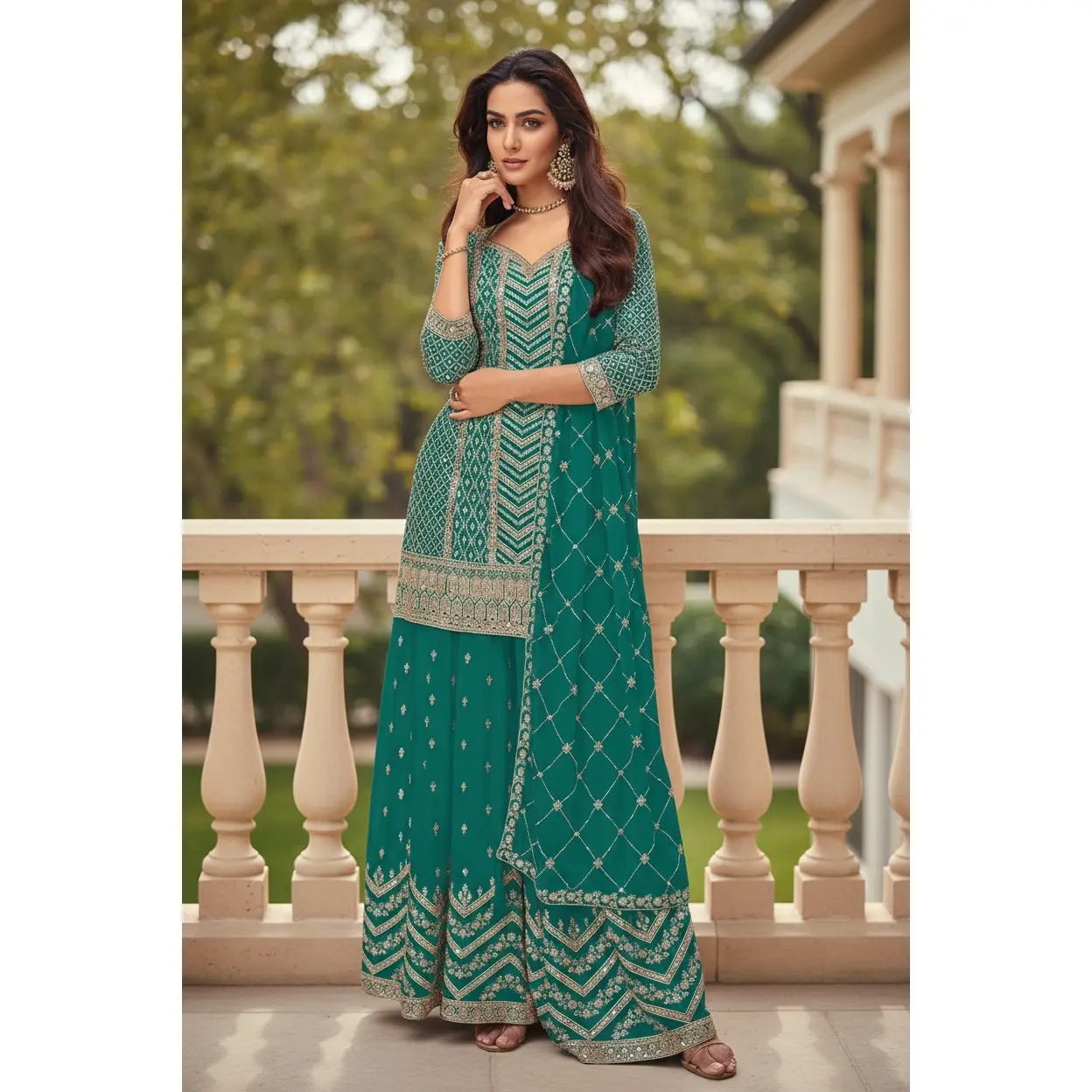 Chinon silk sharara suit : teal blue