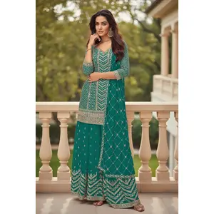 Chinon silk sharara suit : teal blue