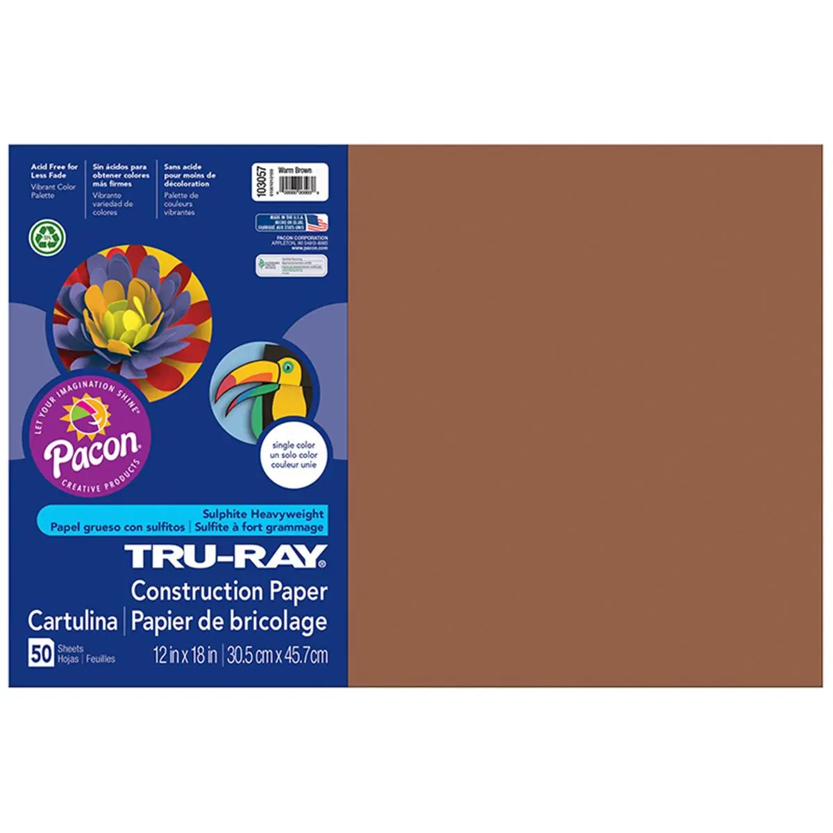 212 MAIN Tru Ray Tough Brown Acid-Free Construction Paper (PAC103057-5), 12x18 in, 50 Sheets/Pack (Pack of 5), 50% Recycled Fiber, 8.25 lbs, Fade-Resistant, Folding & Curling Without Cracking DIY Scrapbooking & Stamping Supplies, Folding And Curling Witho