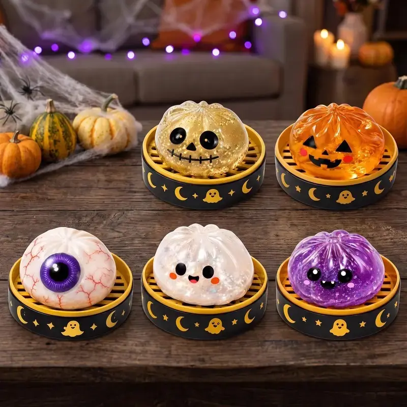 Halloween Steamed Bun Squishy Toy Set, Slow Rising Stress Relief Fidget Toys with Steamer Bases, Pumpkin Eyeball Ghost Assortment, Collectible Desk Decor for Party Favors