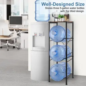 Space-Saving 3-Tier Water Jug Rack, Holds 3x5 Gallon Bottles, Industrial Stand with Wood Top & Black Metal Frame