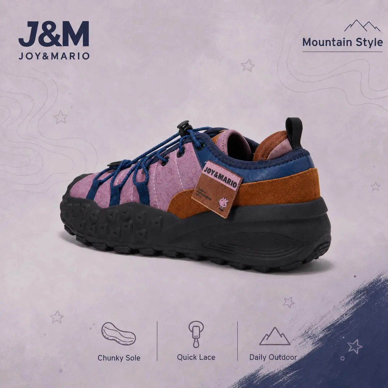 J&M Joy&Mario Women Quick Lace Hiking Shoes, Printed Fabric Chunky Anti-Slip Platform Sneakers Outdoor Walking Trekking Shoes