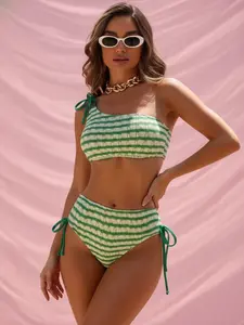 Green White Striped One Shoulder Tie High Waist Bikini Set, Slimming Two Piece High Waisted Swimsuit for Beach Vacation
