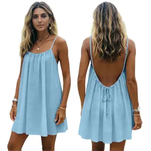 Women's Solid Color Backless Spaghetti Strap Cami Short Dress, Casual Minimalist Sleeveless Short Dress for Summer, Ladies Clothes for Beach Holiday Vacation, Backless Short Dresses Womenswear