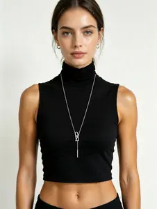 Sparkling Y-Necklace with Long Tassel Bar, Geometric Interlocking Loops Pendant, Gold & Silver Tone Finish Lariat Jewelry for Women