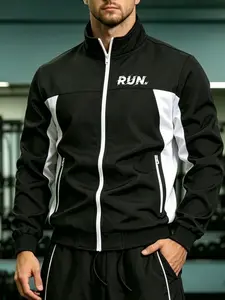 Men's Run Text Print Colorblock Stand Collar Jacket, Wind-Resistant Long Sleeve Outerwear, Sporty Zipper Pockets for All Seasons