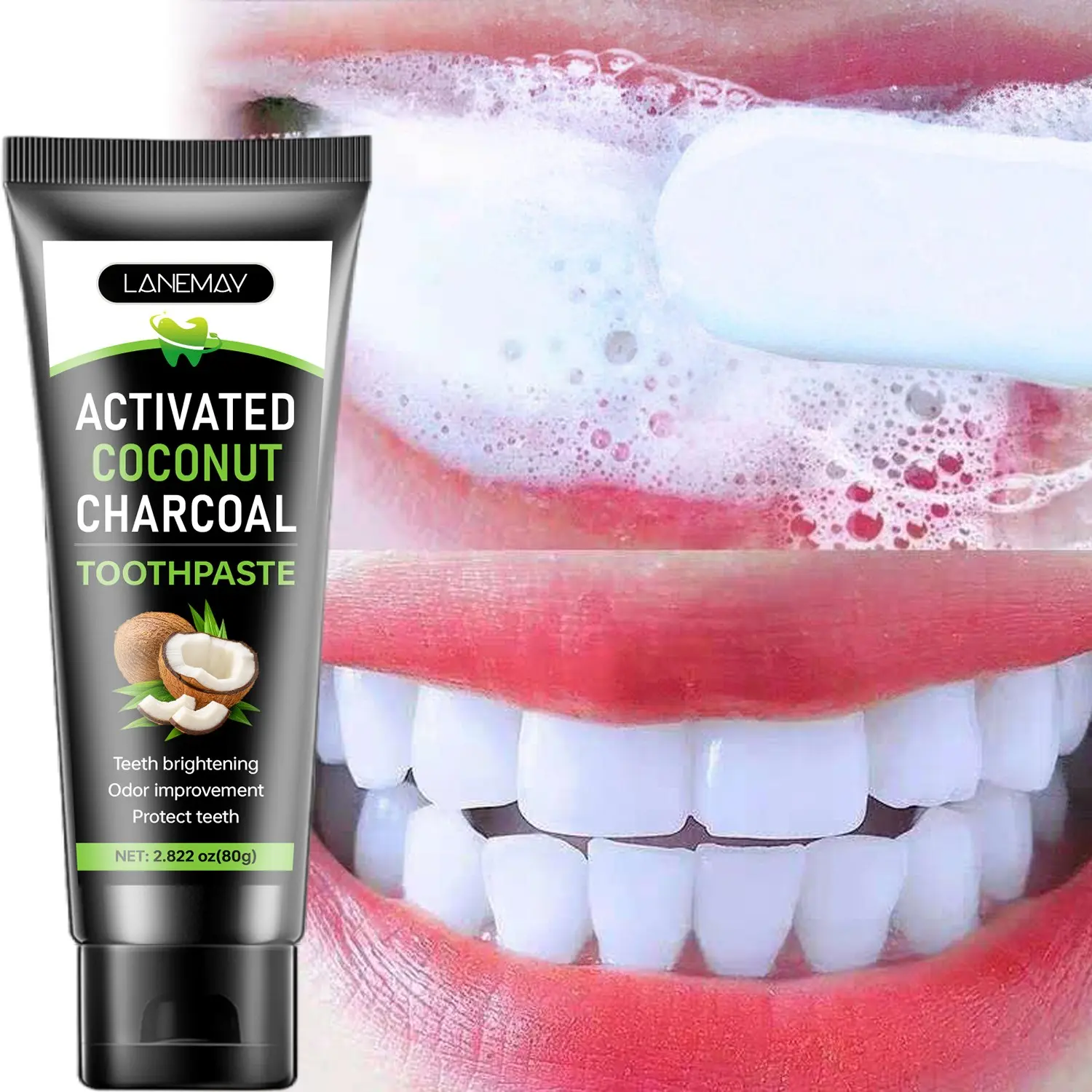80g Activated Carbon Coconut Toothpaste, Activated Charcoal, Brightening Toothpaste, Stain Removal Toothpaste, Natural Whitening & Deodorizing, Teeth Stain Cleaner, Tooth Stain Remover, Protects Enamel, Fresh Breath, Daily Care for Men & Women