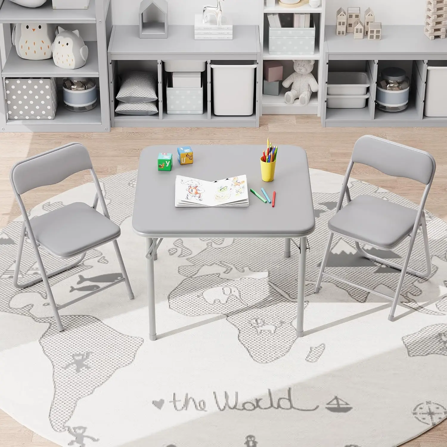 Children's 3-Piece Grey Foldable Table and Chair Set - Steel Frame, Soft PU Cushions, Portable Indoor Furniture, No Assembly Required, Kids' Desk with Storage for Study, Eating