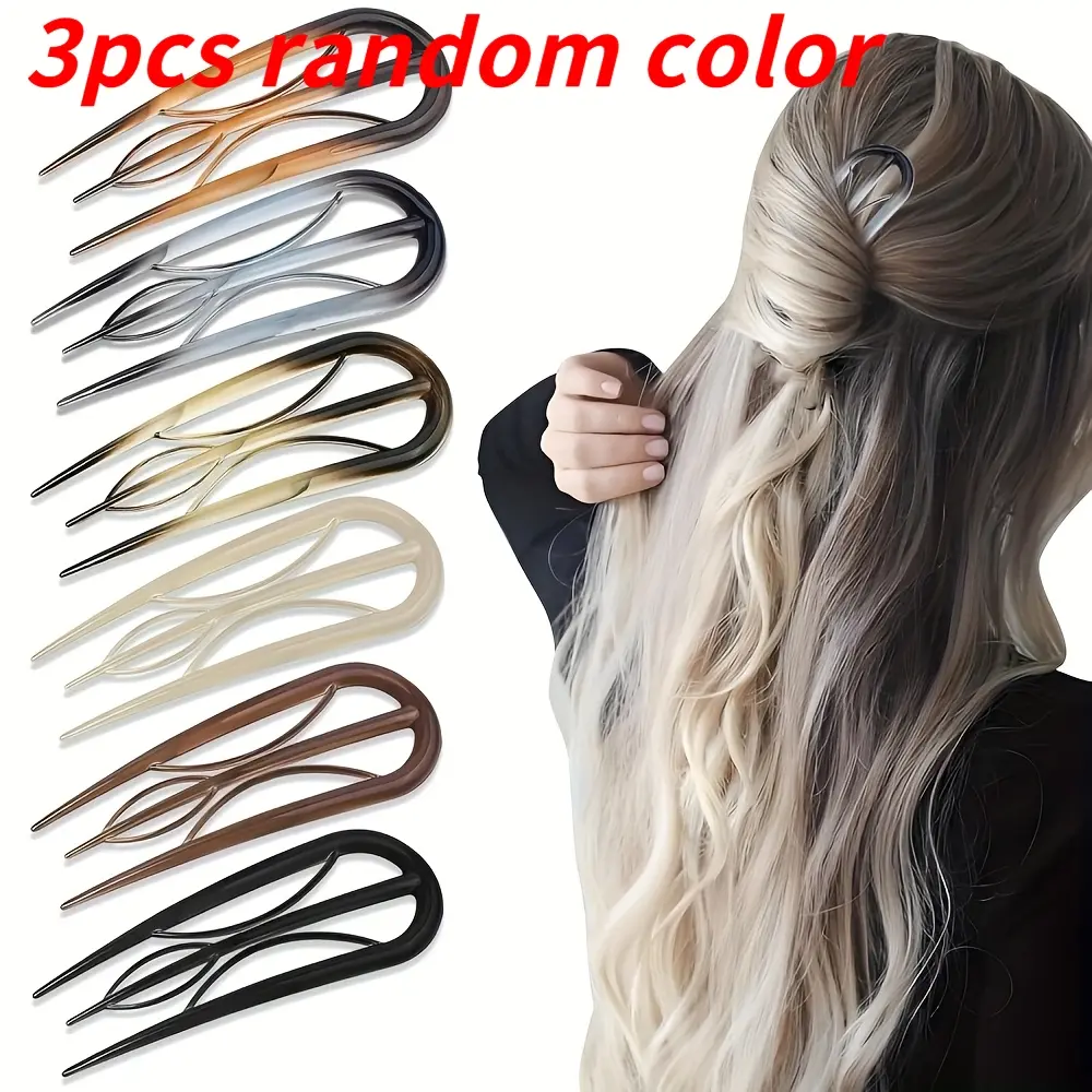 Three-piece French U-shaped retro acetate fiber hairpin, suitable for fine and coarse hair, gentle grip design, easy to create disc hair, bun, ponytail, suitable for women over 14, daily hair accessories, Hairpins, Hair Clips