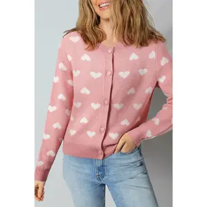 Light Pink Heart Pattern Button Front Cardigan Sweater