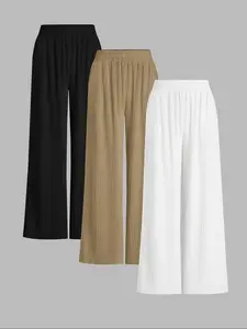 Women's Solid Textured Elastic Waist Wide Leg Pants, Summer Outfits 2024, Casual Basic Comfy Trousers for Daily Wear, Ladies Bottoms for All Seasons