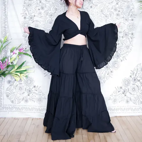 Women's 2-Piece Boho Matching Set - Drawstring Wide-Leg Cotton Palazzo Pants with Pockets, Ruffle Long-Sleeve Bell Top, Hippie 90s Style, Plus Size Women's Clothing, Handmade Summer Womenswear