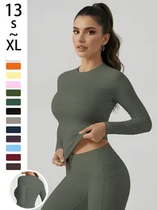 Women's Simple Solid Color Sporty Top, Athletic Top, Comfortable High Waist Yoga Shirt, Fitness Top, Elastic Fabric, Short Sleeve, Above the Ankle, Spring & Fall