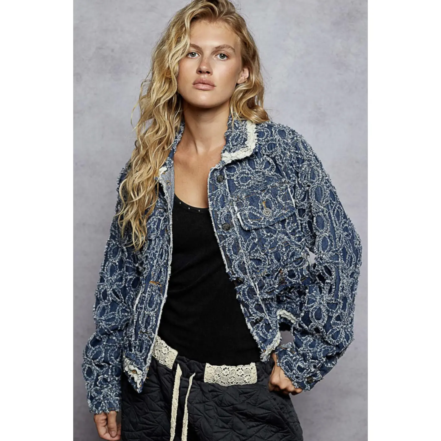 POL Women's Vintage Bohemian Denim Jacket - Textured Daisy Details, Crochet Lace Trim, Distressed, Button-Front, Longsleeves, Casual Pockets, Retro Floral, Boho Edge Everyday Wear Top Coat
