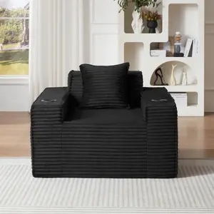 Modern Corduroy Boneless Sofa Couch, No Assembly Cloud Sofa with Sponge & Spring Support, 1-Seater / 2-Seater / 3-Seater Options for Compact Living Rooms, Apartments & Offices, Black