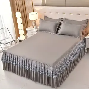3-Piece Macrame Bed Skirt Set with 2 Pillowcases, Solid Color Double-Layer Lace Bed Skirt, Non-Slip All-Season Bedding Cover, Decorative Bed Base Cover, Without Insert