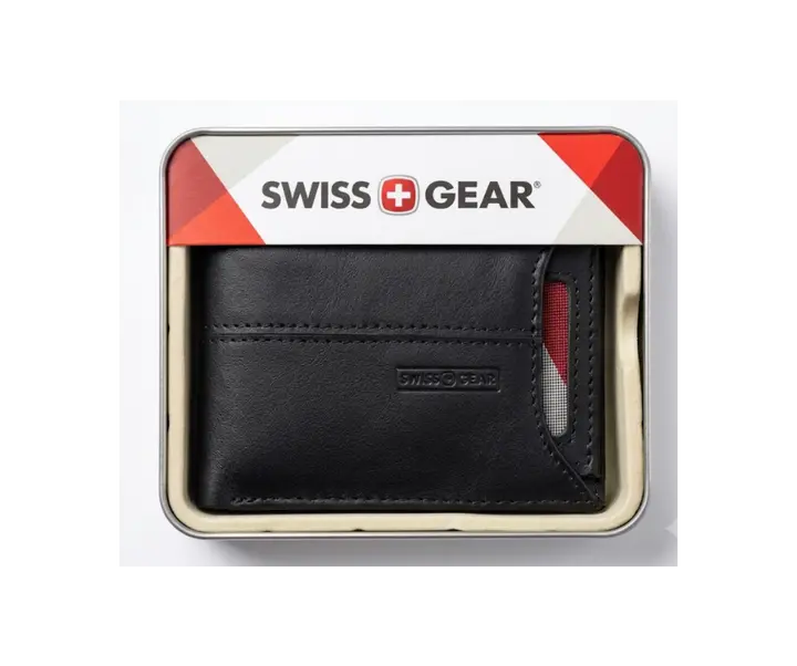 Swissgear Men's Genuine Leather Casual Solid Bifold Front Pocket Wallet with Gift Tin, Black
