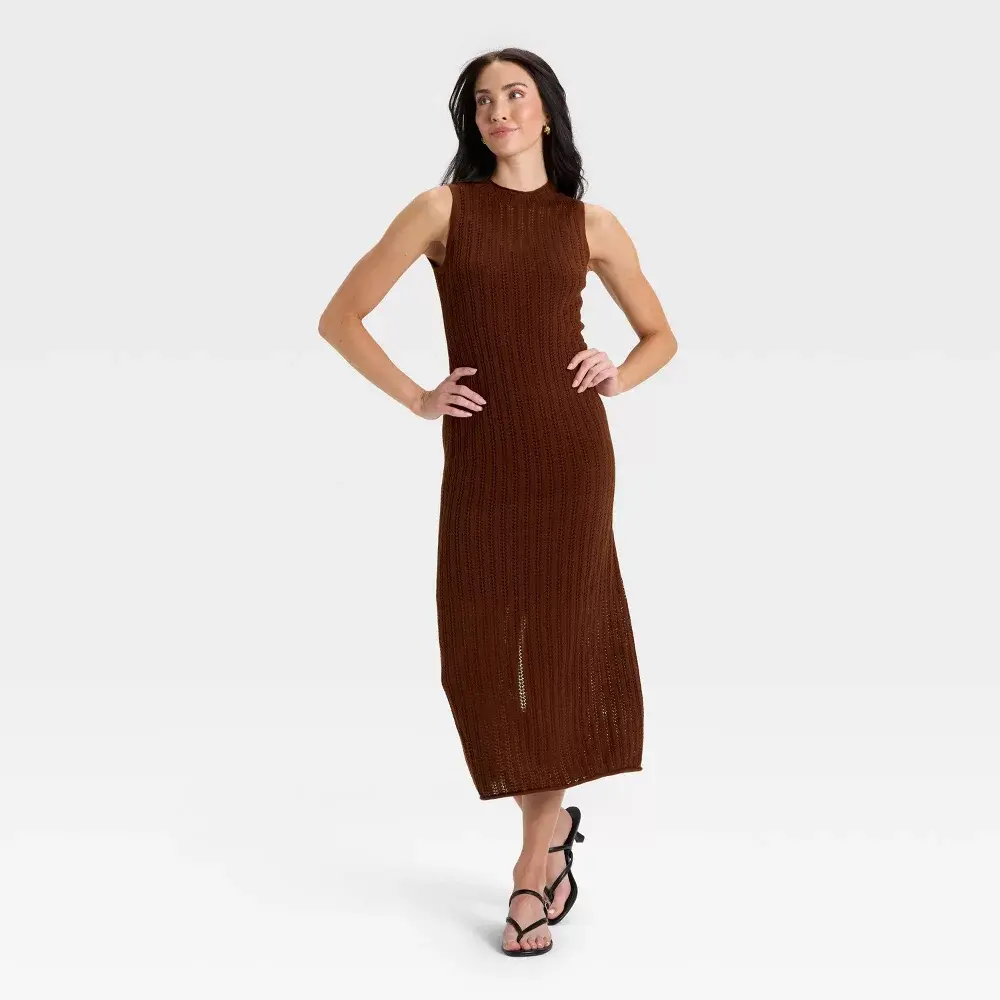 Women's Pointelle Pullover Turtleneck Maxi Sweater Dress - A New Day, Cotton-Viscose Fabric, Perfect for Pairing with Footwear