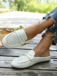 Summer New Hollow Out Loafer Mules for Women, Flat Heel Slip-On Half Slippers, Casual Textile Upper, All Seasons Wear Footwear, Walking Shoes