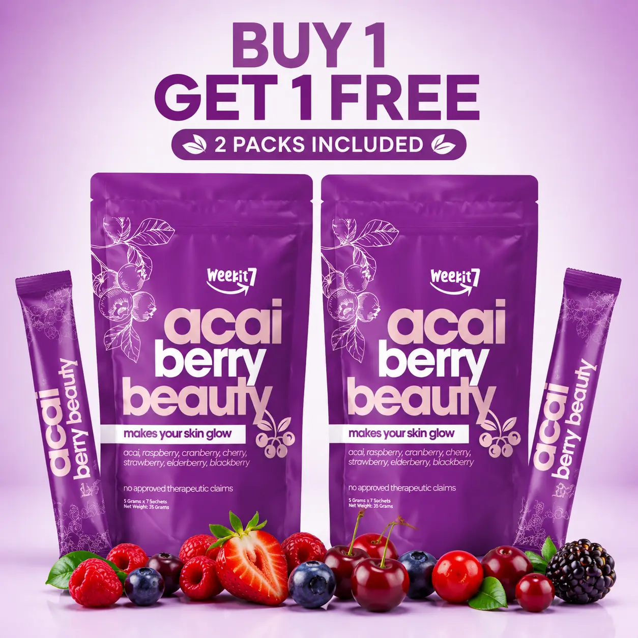 【Buy 1 Get 1】 Weekit7 Pure Acai Berry Powder|Antioxidant Mixed Berry Beverage|Health Superfood Drinks for Skin