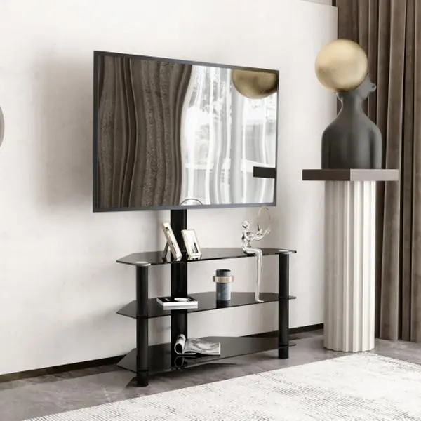 35.4 in Black Multi-Function Height-Adjustable Swivel 3-Tier TV Mount Stand for Indoor Furniture Setup
