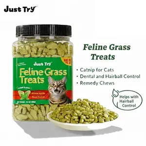 JUST TRY 13.4 OZ Cat Grass Treats Natural Salmon Flavor Healthy Cat Snacks Training Biscuits Catnip for Cats Dental and Hairball Control Treats Remedy Chews