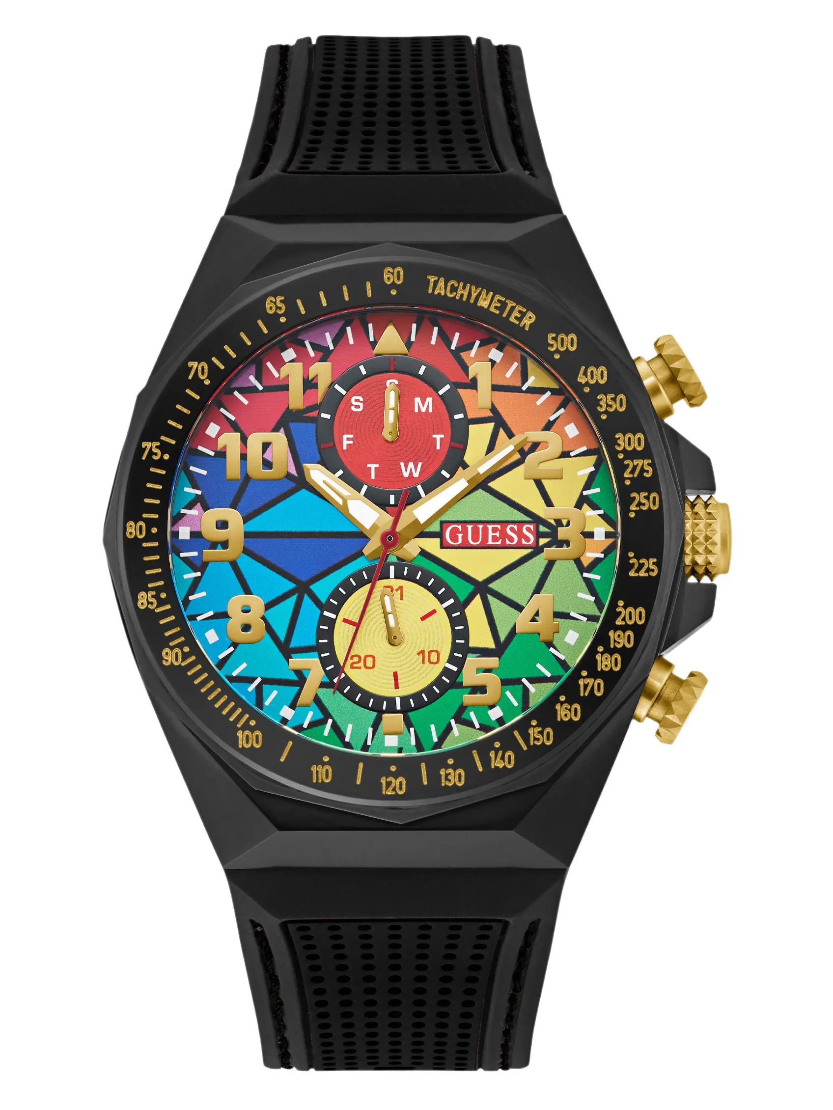 GUESS Male Rainbow Mosaic and Black Silicone Chronograph Watch