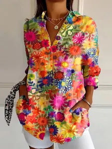 Elegant Plus Size Women's Floral Print Collared Button Front Long Sleeve Casual Shirt Blouse Top, Loose Fit Woven Breathable Fabric, Perfect for Daily Commuting