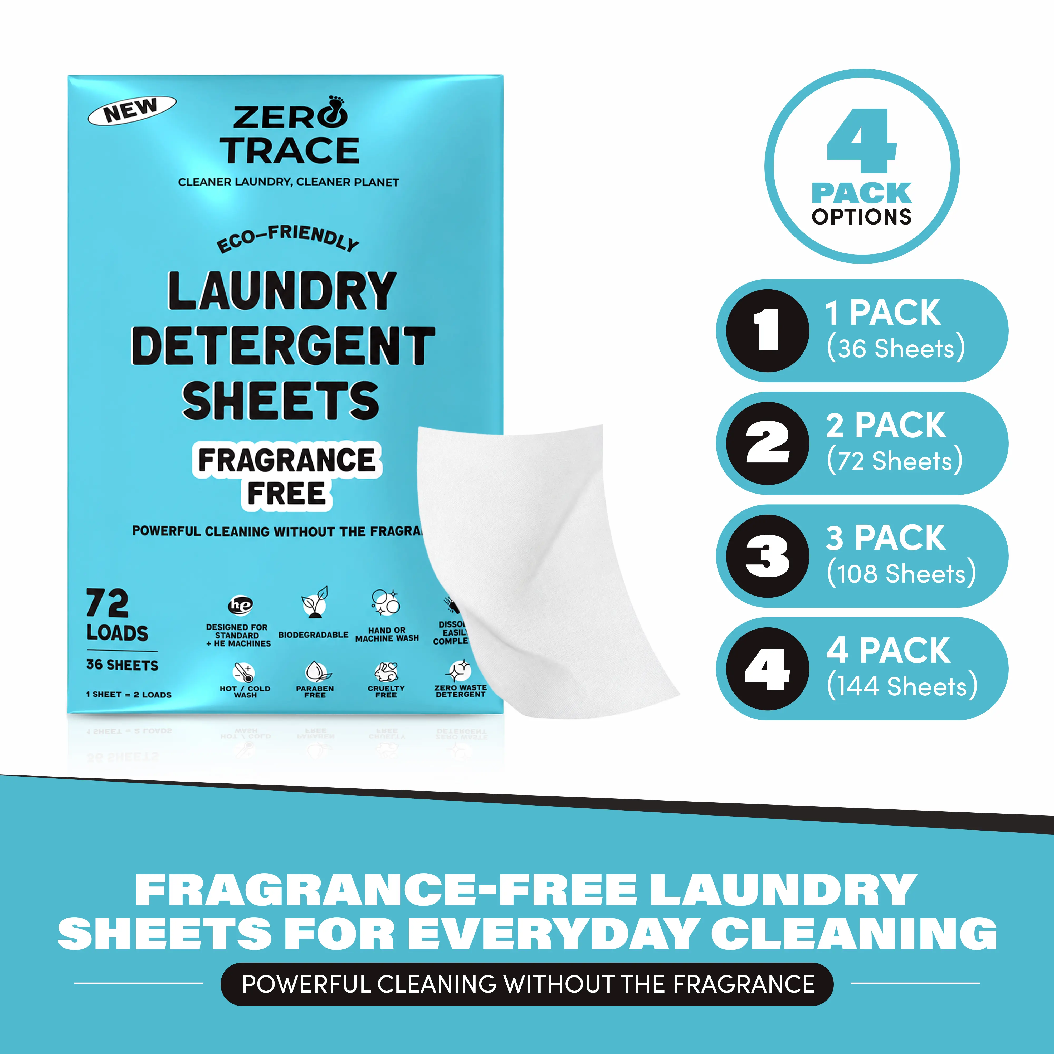 Zero Trace Fragrance Free Laundry Detergent Sheets, 72 Loads, 36 Sheets, Unscented Eco-Friendly Laundry Soap Sheets, Hypoallergenic, Plastic-Free
