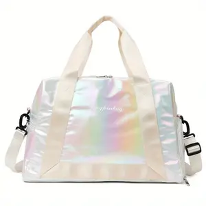 Holographic Gym Travel Bag, Iridescent Duffle With Detachable Shoulder Strap, Fashionable Overnight Carryall For Women