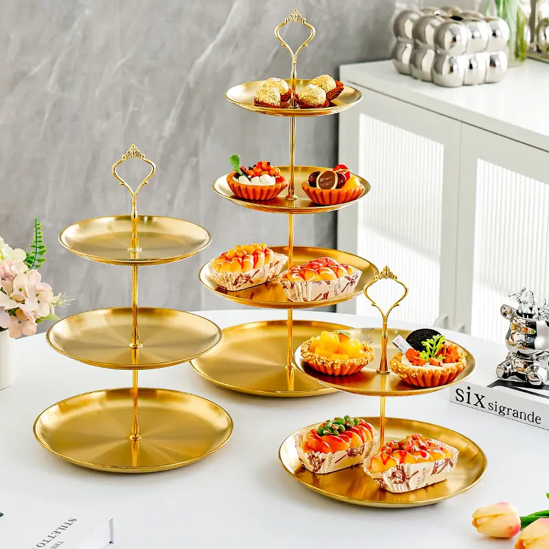 Totally Satisfied 3-Tier Gold-Plated Stainless Steel Dessert Stand, Heavy-Duty Non-Rust Round Tiered Serving Tray, Durable Cupcake Holder for Table Centerpiece Decor