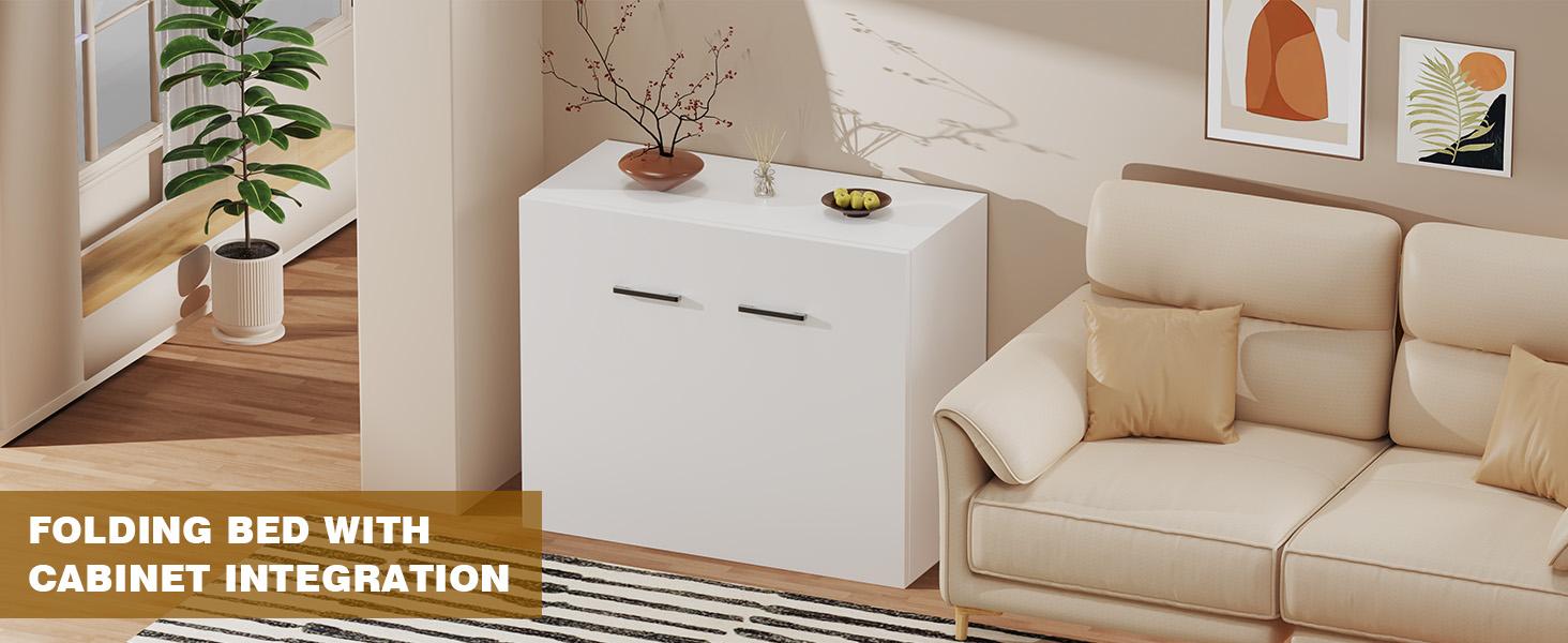 Narrow Twin Murphy Bed with Mattress Included Hideaway Cabinet Tri-Fold Walnut White Foldable Space-Saving Farmhouse Design Easy Assembly Silent Wheels