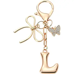 LITTLE ROOM~Bubble Initial Keychain with Bow & Butterfly - Gold Letter Bag Charms for Women, Cute Purse Handbag Accessories