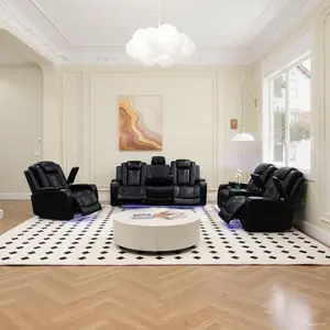 Genuine leather electric recliner sofa set with LED lights, living room furniture set, genuine leather sofa set with USB interface, storage console and cup holder, suitable for office, living room and home.