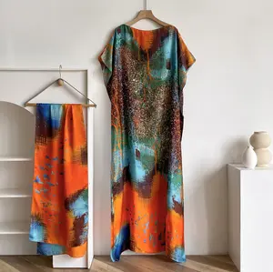 Women's Elegant Floral Print Dress Set, Long Robe & Scarf, Beach Cover-Up, Sun Protection, All Seasons Wear, Women's Fashion, Beach Outdoor Wear, Beach Cover Ups