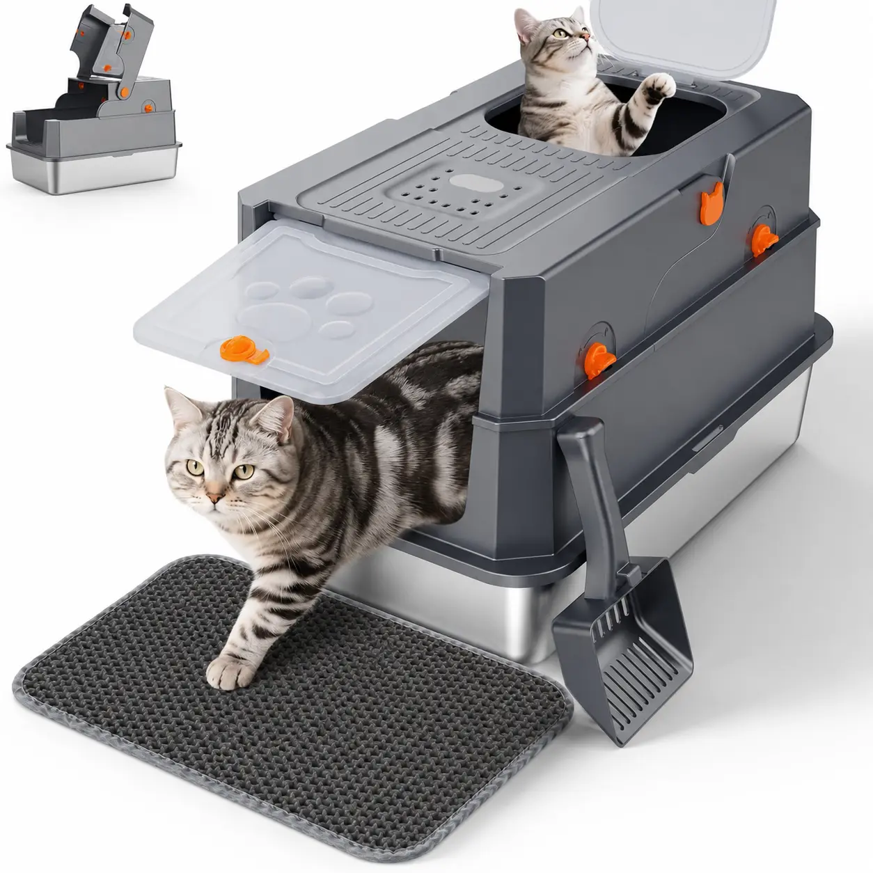 Misofog Stainless Steel Cat Litter Box with Lid, XL Enclosed & Semi-Enclosed 2-in-1 Design, Odor Control, Anti-Splash High Wall, Easy Clean, Large Cat & Multi-Cat Use with Mat & Scoop enclosure flip-top entry odorless pan toilet dual tiktokshopbacktoschoo