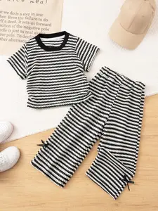 Toddler Girls Striped Knitted T-Shirt and Long Pants Set, Summer Casual Short Sleeve Bowknot Top for Ages 3-8, Perfect for Parties and Travel