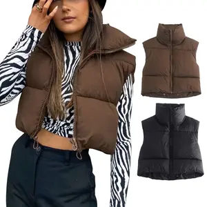 Women Winter Warm Crop Waistcoat, Sleeveless Stand Collar Double Sided Lightweight Puffer Vest